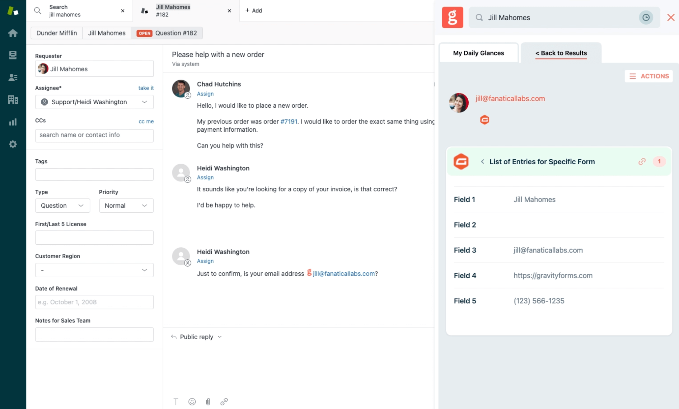 See lists of Gravity Form entries for anyone Screenshot viewing a Gravity Form entry while working within a different app